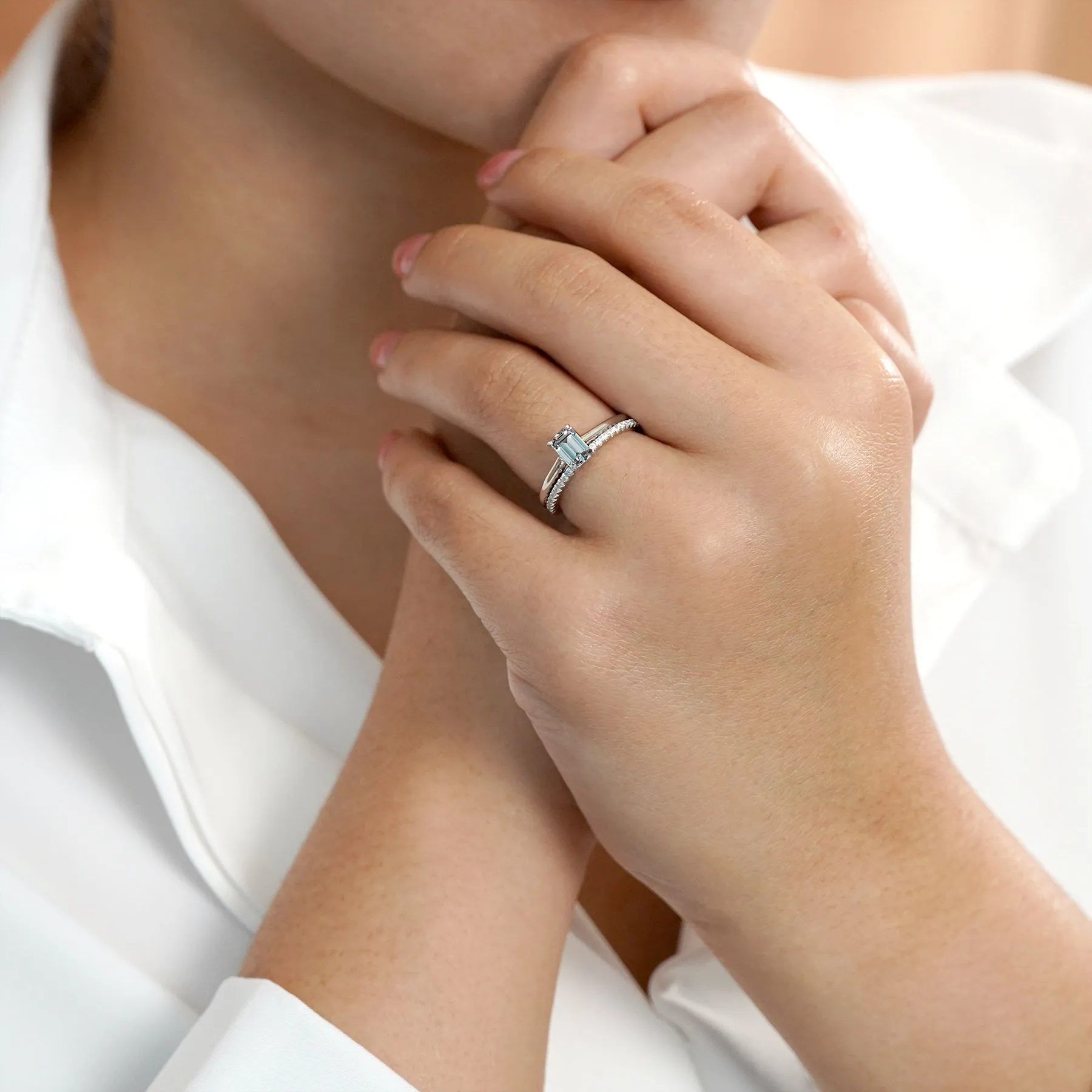 1 Carat Emerald Cut Moissanite Pave Bridal Set Sculptural Feel