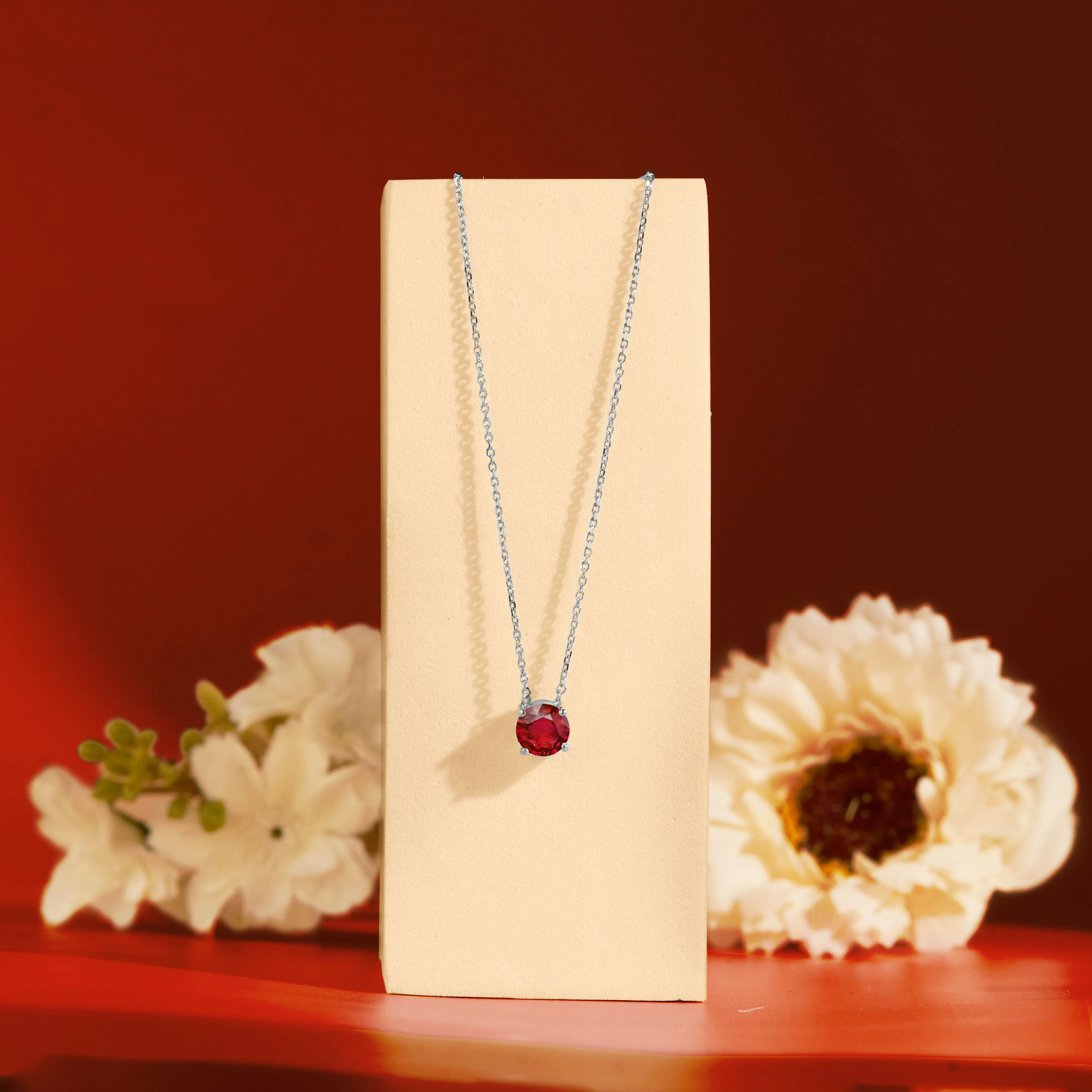 Modern Jewelry Luxury Present 1 Carat Round Cut Lab-Created Ruby Solitaire Pendant Necklace in 18k White Gold Over Silver
