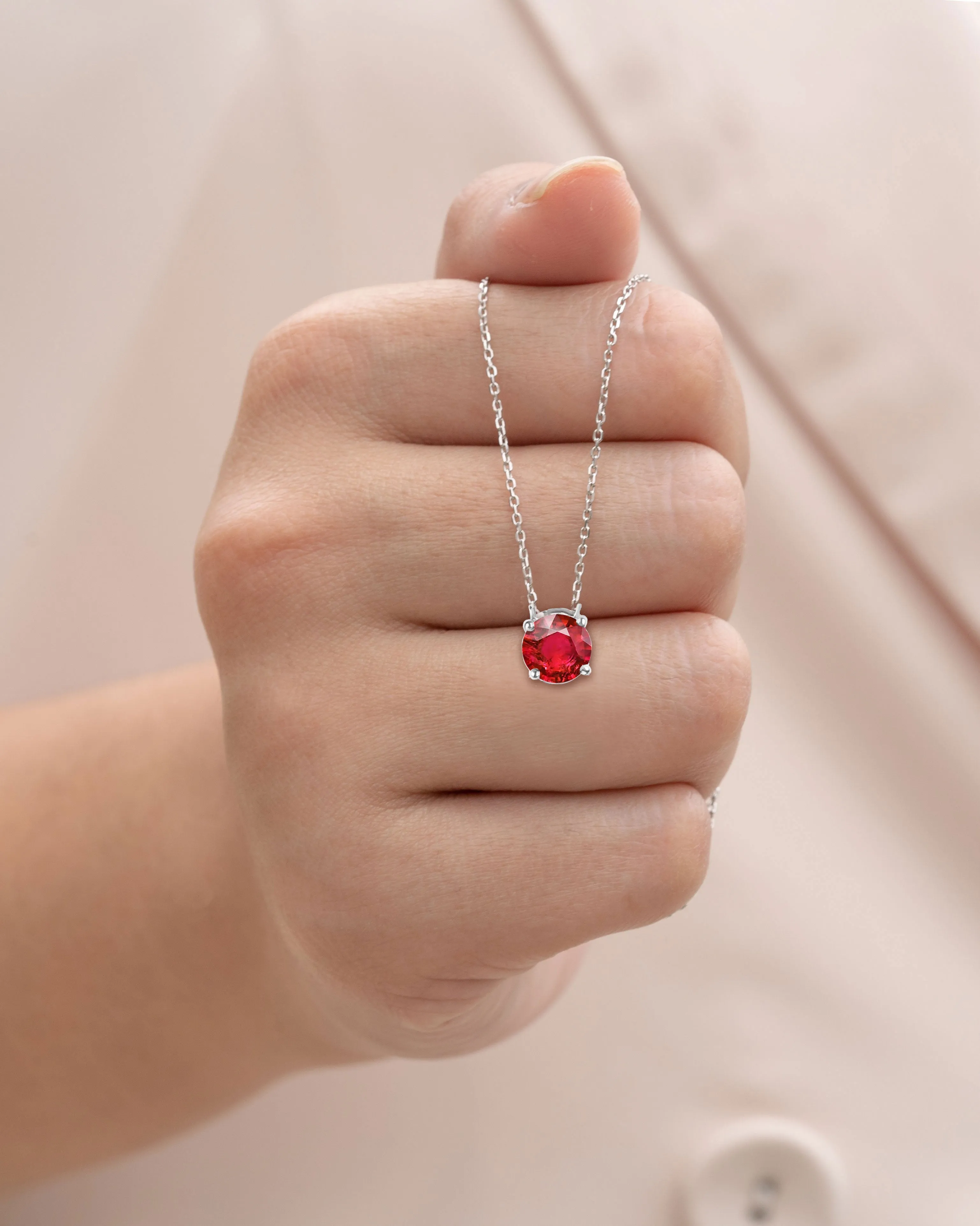 Evergreen Item 1 Carat Round Cut Lab-Created Ruby Solitaire Pendant Necklace in 18k White Gold Over Silver
