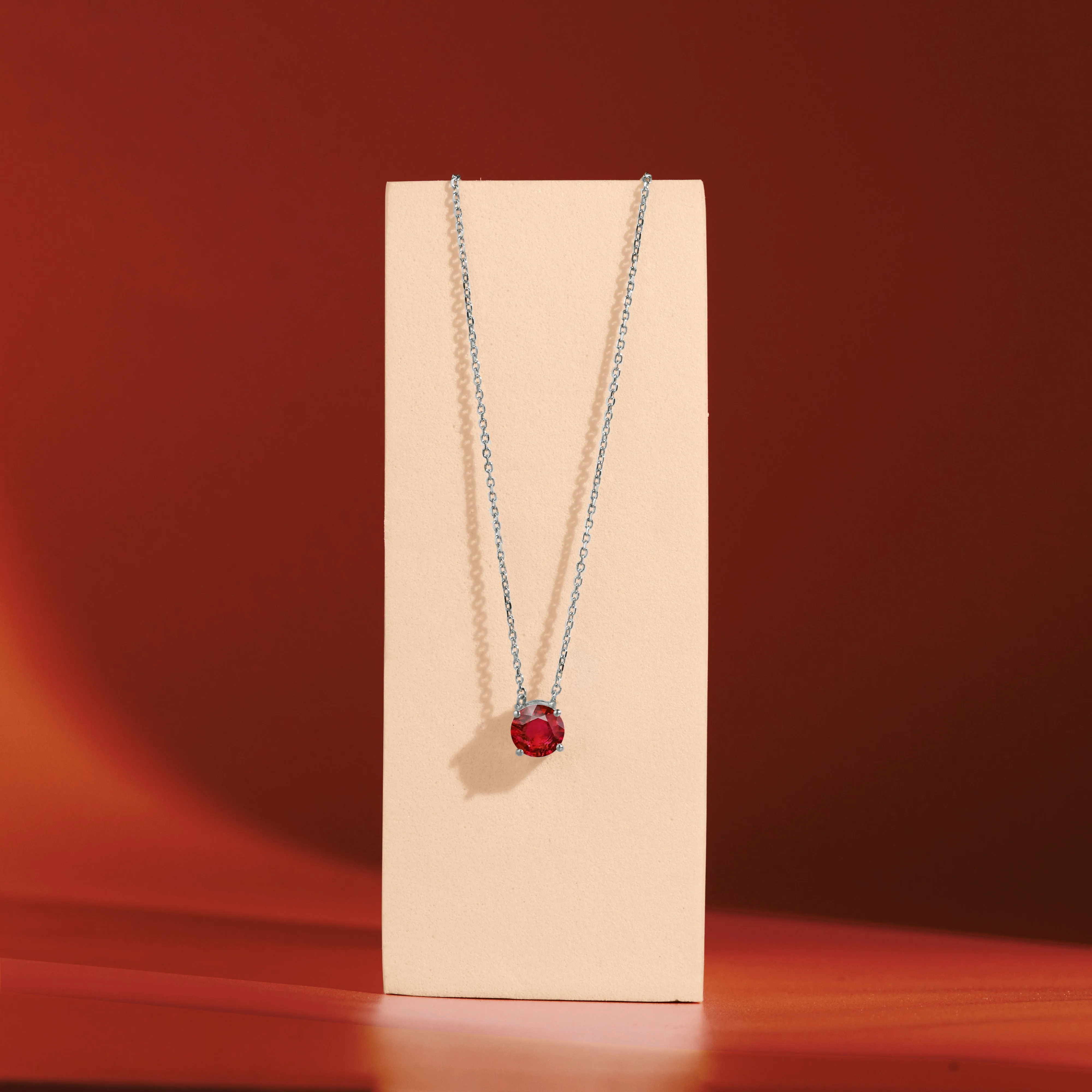 Excellent Jewelry City Look 1 Carat Round Cut Lab-Created Ruby Solitaire Pendant Necklace in 18k White Gold Over Silver