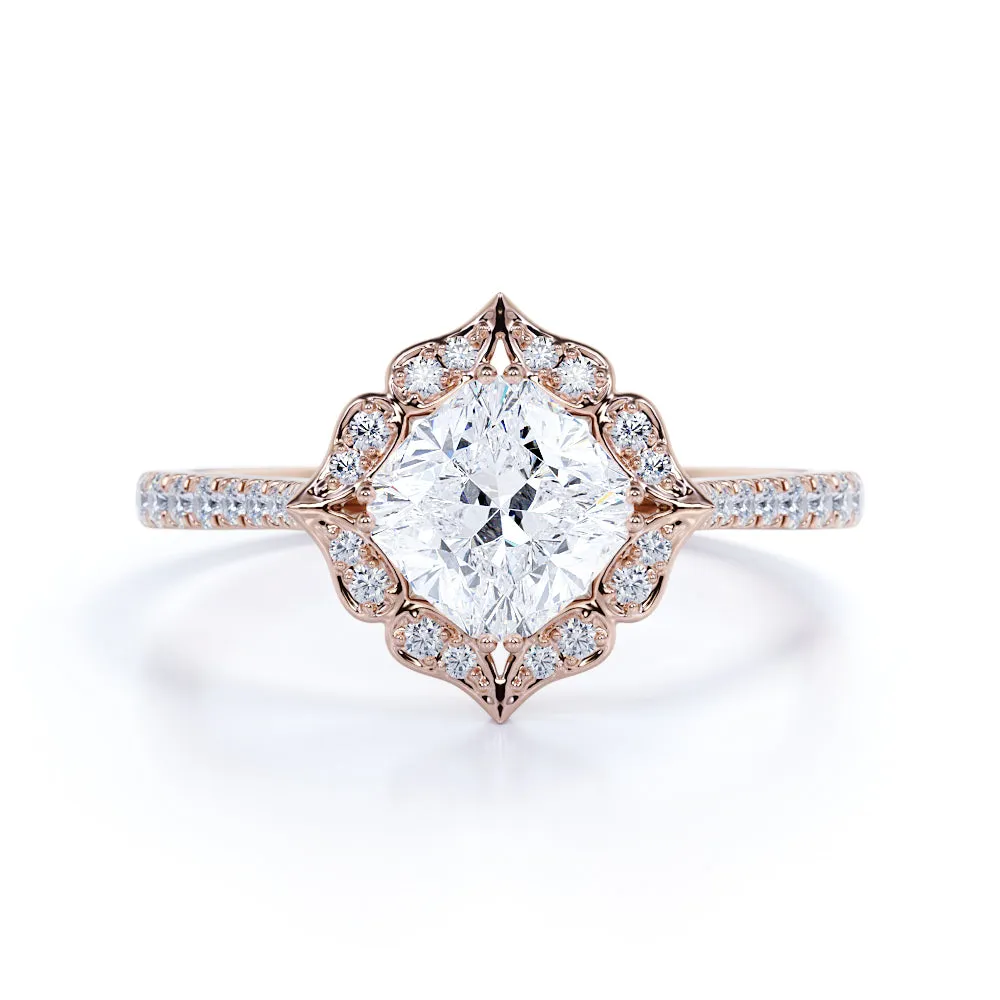 Luxury Aura Timeless Contour 1.25 Carat Cushion Cut Moissanite Floral Engagement Ring