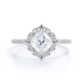 1.25 Carat Cushion Cut Moissanite Floral Engagement Ring Minimal Piece Pure Detail