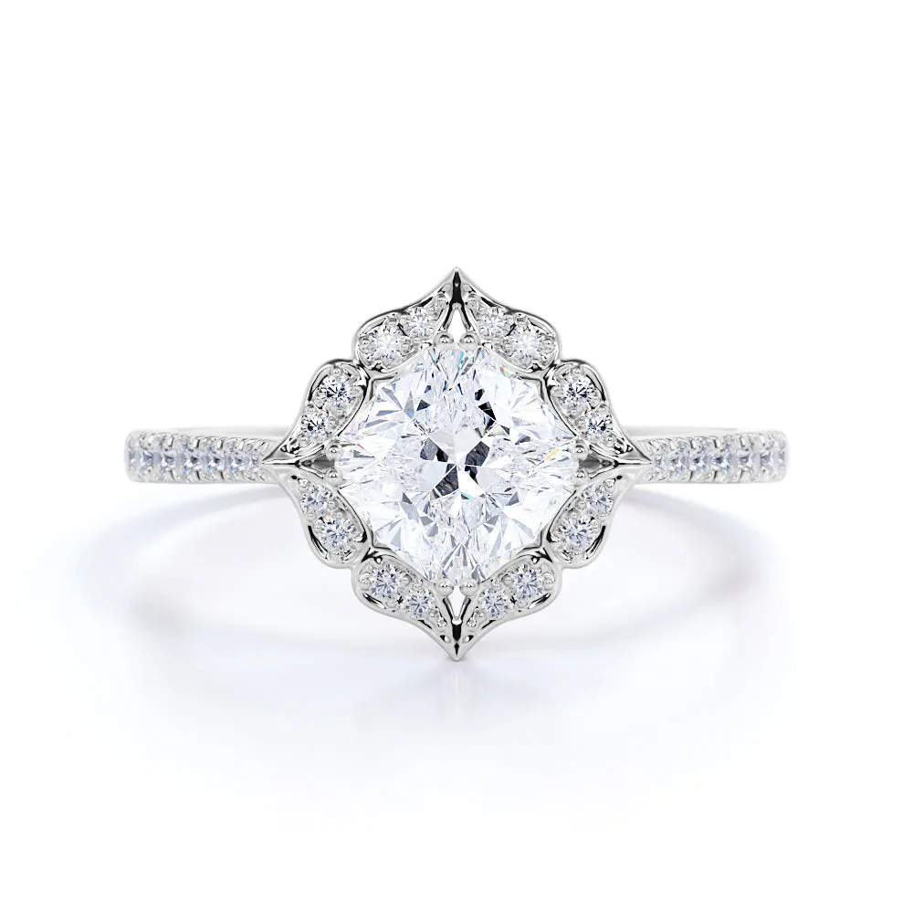 1.25 Carat Cushion Cut Moissanite Floral Engagement Ring Minimal Piece Pure Detail