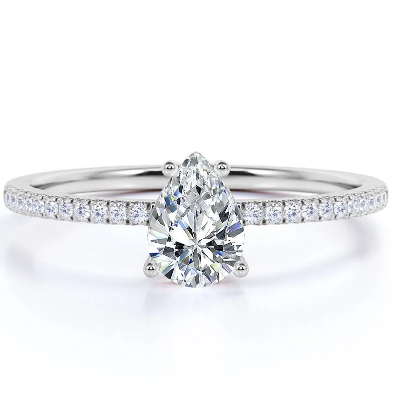 Stunning Finish Charming Pieces Design 1.25 Carat Pear Shape Moissanite Pave Engagement Ring