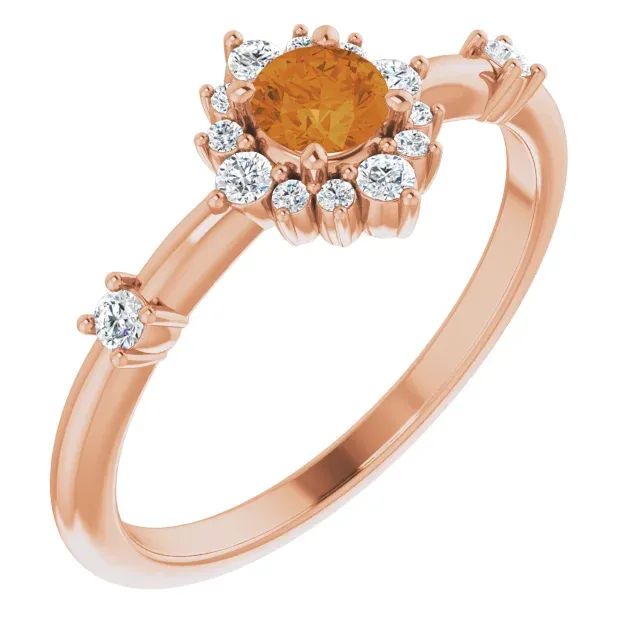 14K Rose Citrine & 1/6 CTW Diamond Ring Unique Statement Modern retro