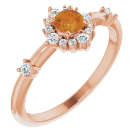 14K Rose Citrine & 1/6 CTW Diamond Ring Unique Statement Modern retro