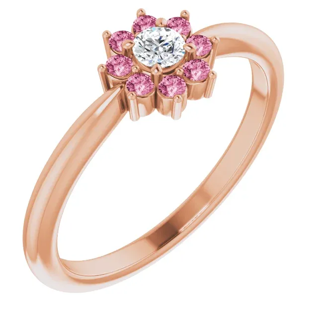 Premium Statement Classic Appeal 14K Rose Pink Tourmaline & .06 CT Diamond Flower Ring