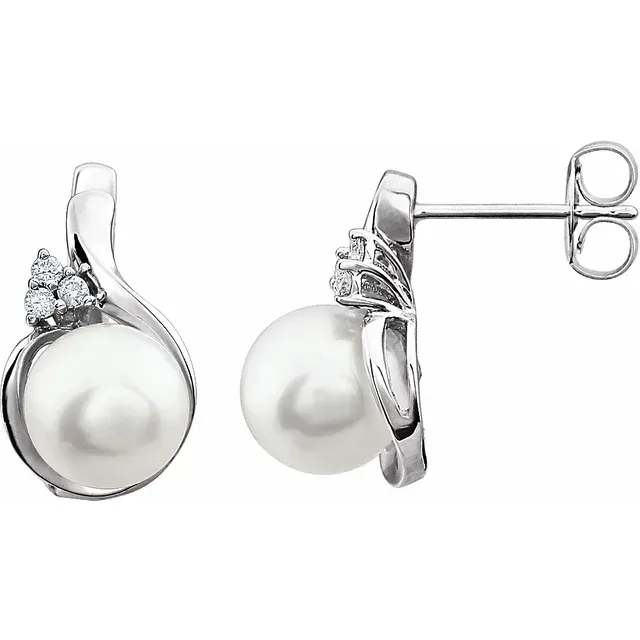 14K White 8-8.5 mm Freshwater Pearl & .08 CTW Diamond Earrings Shimmer Detail
