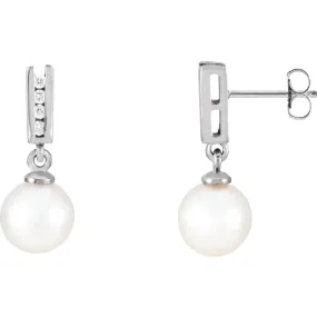 Stylish Sparkle 14K White Akoya Cultured Pearl & 1/8 CTW Diamond Earrings