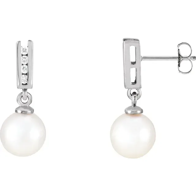 Stylish Sparkle 14K White Akoya Cultured Pearl & 1/8 CTW Diamond Earrings