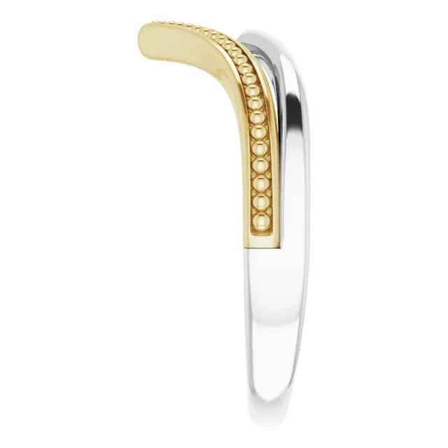 14K White & Yellow Beaded V Ring Artistic Symbol