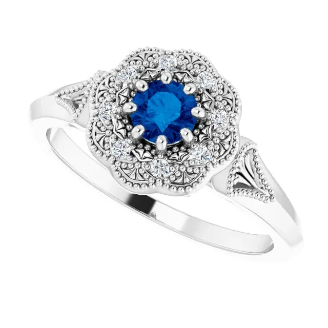 14K White Blue Sapphire & .06 CTW Diamond Ring Vintage-Inspired Halo-Style Ring Elegant Piece