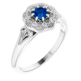 14K White Blue Sapphire & .06 CTW Diamond Ring Vintage-Inspired Halo-Style Ring Timeless Art Traditional Keepsake
