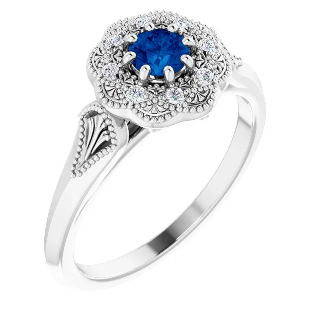 14K White Blue Sapphire & .06 CTW Diamond Ring Vintage-Inspired Halo-Style Ring Timeless Art Traditional Keepsake