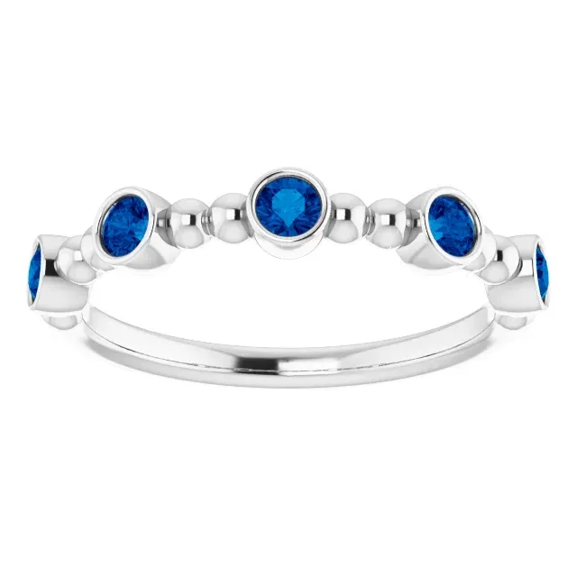 Sweet Memory 14K White Blue Sapphire Stackable Beaded Ring