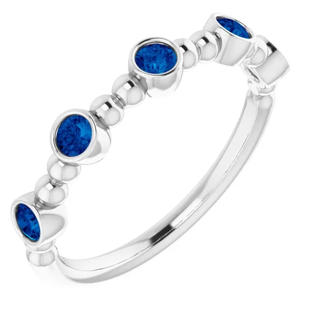 14K White Blue Sapphire Stackable Beaded Ring Durable Object