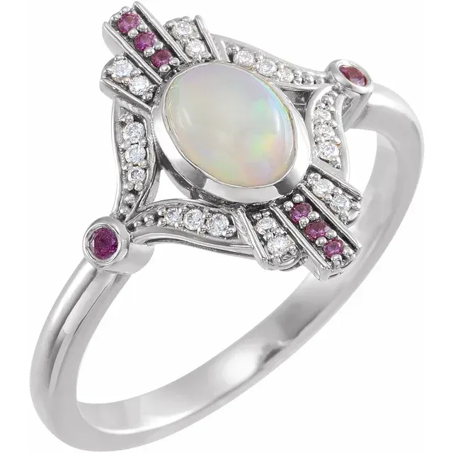 Luxury Touch Amazing Item 14K White Cabochon Ethiopian Opal, Pink Sapphire & .06 CTW Diamond Ring