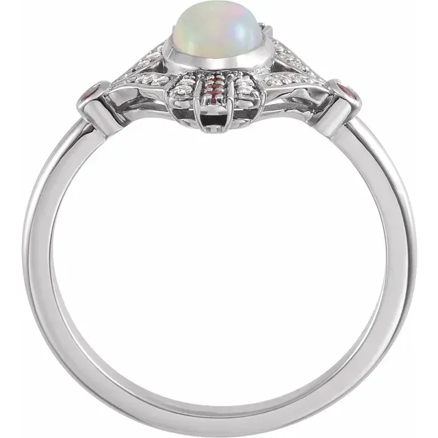14K White Cabochon Ethiopian Opal, Pink Sapphire & .06 CTW Diamond Ring Affordable Trinket Urban Chic