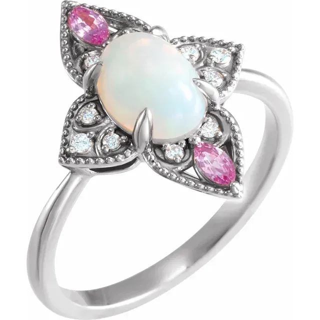 14K White Ethiopian Opal, Pink Sapphire & .05 CTW Diamond Vintage-Inspired Ring Critic Acclaimed