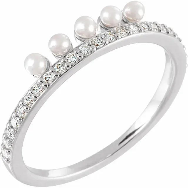 14K White Freshwater Cultured Pearl & 1/5 CTW Diamond Stackable Ring Glamorous touch