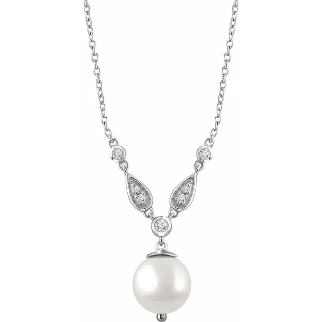 14K White Freshwater Cultured Pearl & 1/6 CTW Diamond 16-18" Necklace Candid Moment Lustrous Look