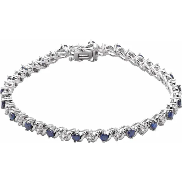 Memorable Fusions 14K White Lab-Grown Blue Sapphire & 1/10 CTW Diamond Line 7" Bracelet