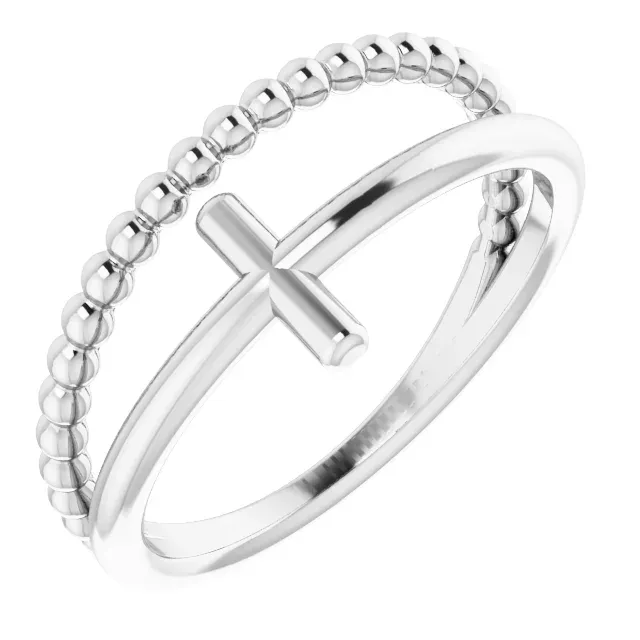 Comfortable Appearance 14K White Negative Space & Beaded Cross Ring
