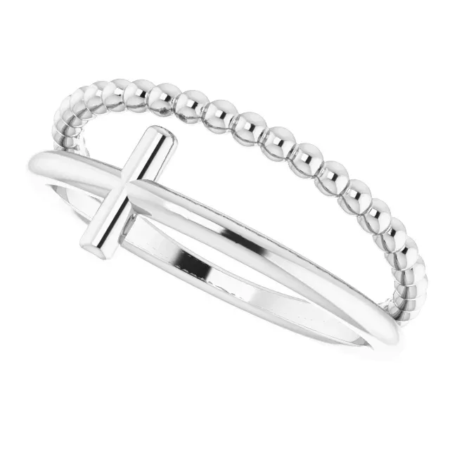 14K White Negative Space & Beaded Cross Ring Graceful Contour