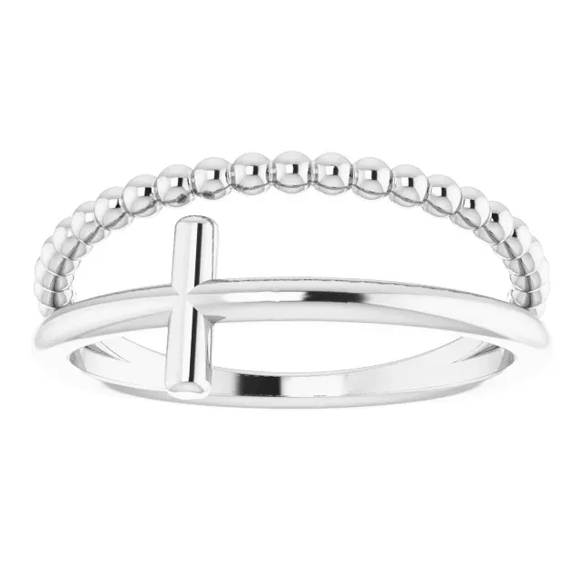 14K White Negative Space & Beaded Cross Ring Fashion Trend