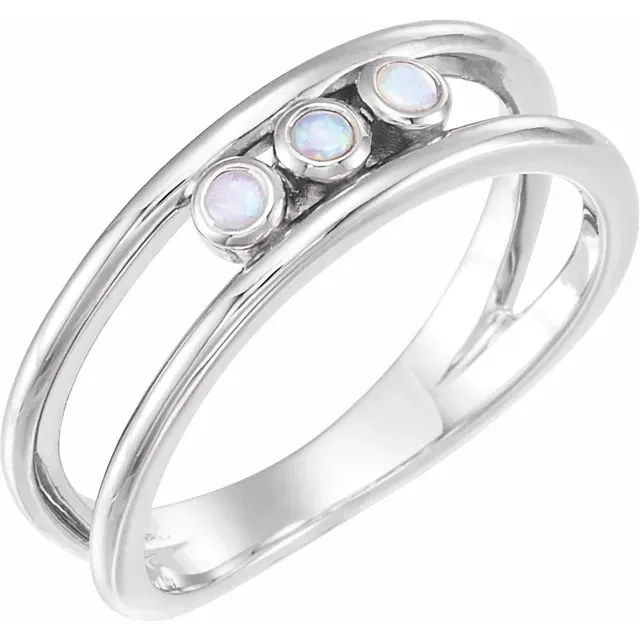 14K White Opal Three-Stone Bezel-Set Ring Personal Work Superior Ornament