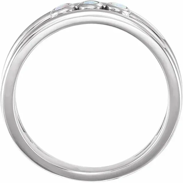 14K White Opal Three-Stone Bezel-Set Ring Curved Line
