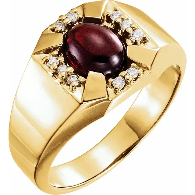 14K Yellow 9x7 mm Cabochon Garnet and Diamond Accented Men's Ring Everyday Fashion Traditional Symbol