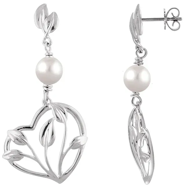 14K Yellow Freshwater Cultured Pearl Leaf & Heart Earrings Seasonal Favorite Bold Craft