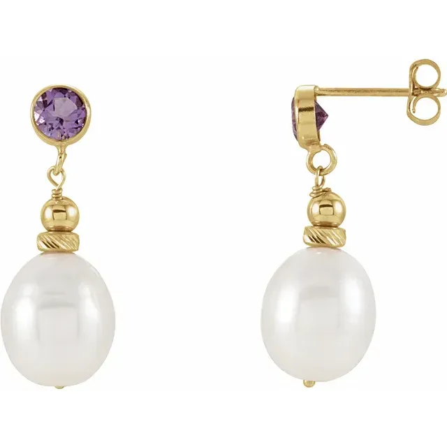 14K Yellow Freshwater Pearl & Amethyst Earrings Understated Form
