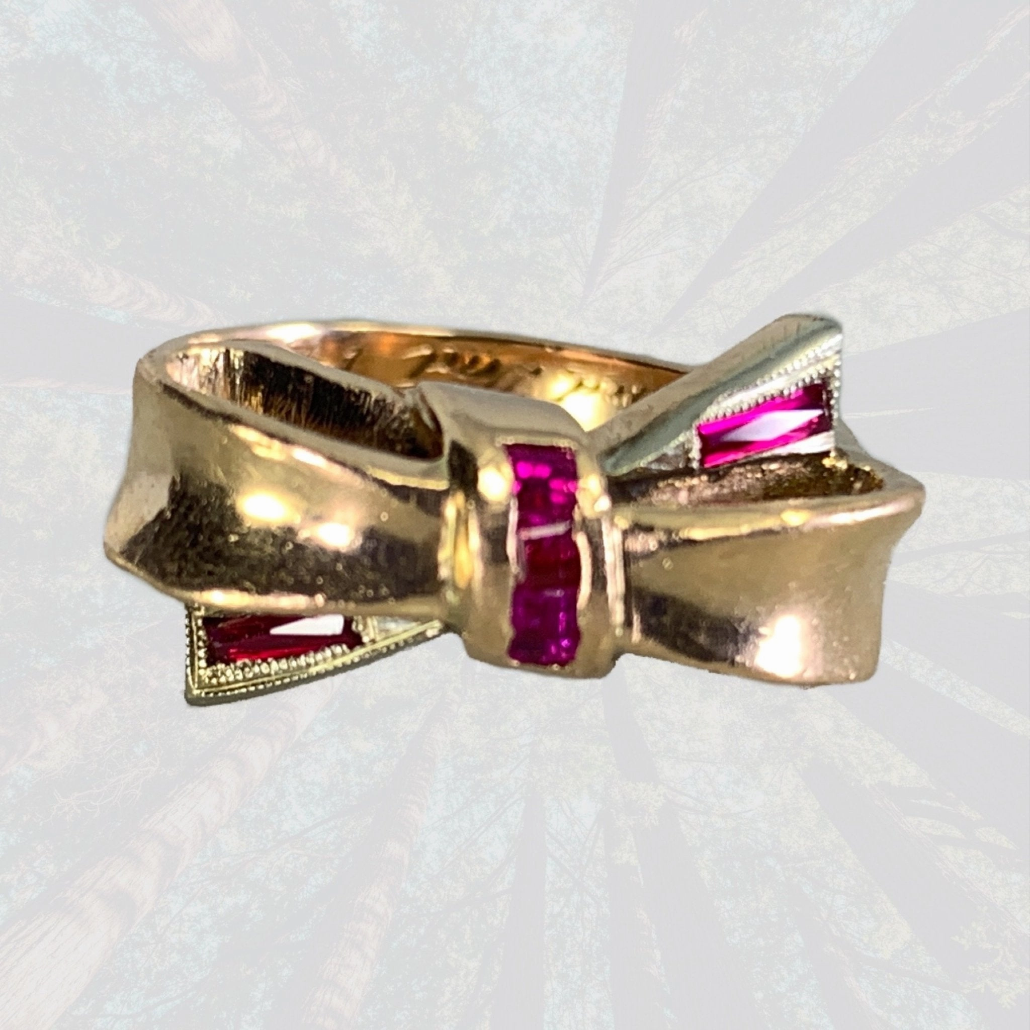 Special Style Accent Style 1940s Ruby Bow Shaped Ring set in 14K Yellow Gold. July Birthstone. 15th Anniversary Gift.