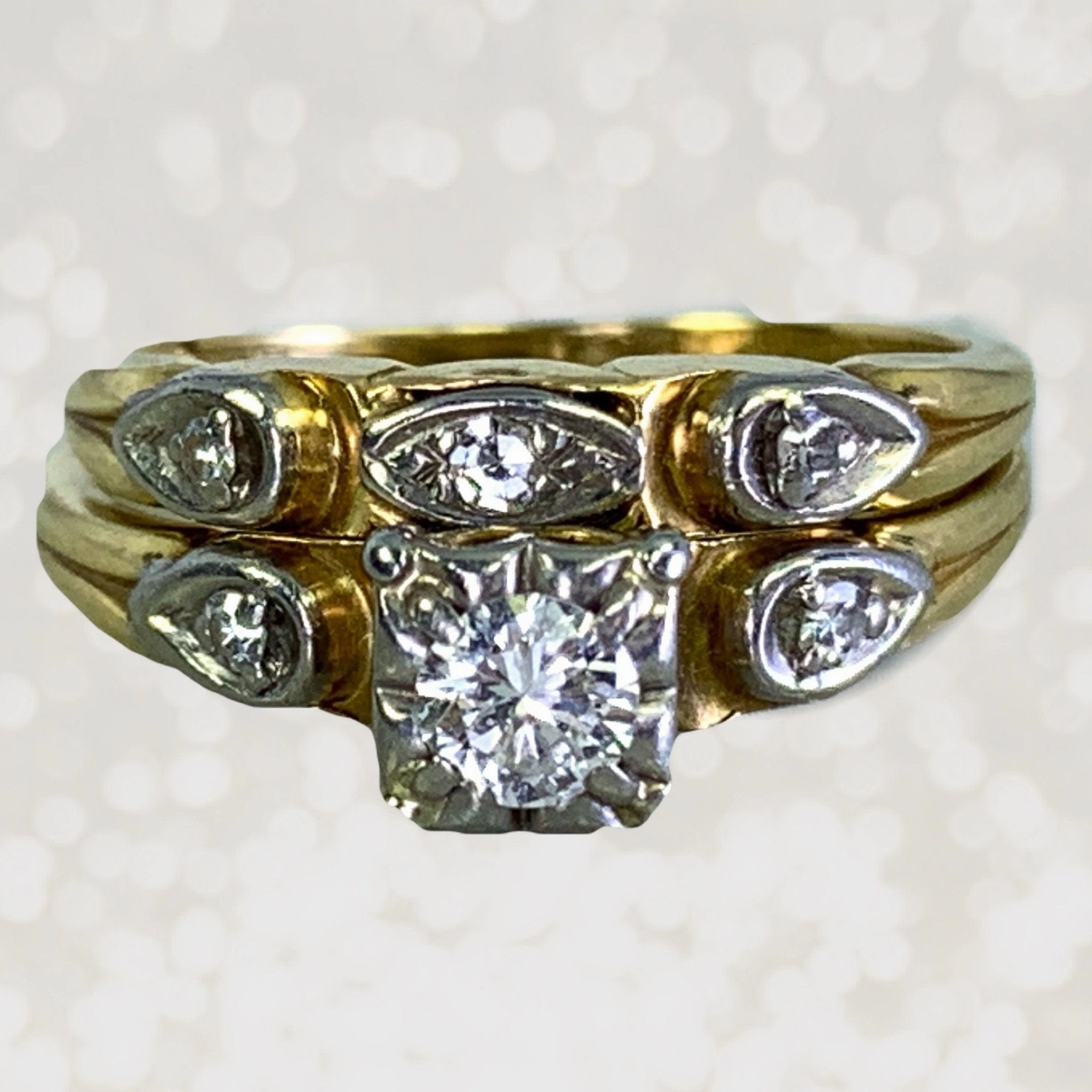 Chic Glance 1950s Diamond Engagement Ring and Wedding Band Set in 14k Gold by Jabel. Vintage Estate Jewelry.