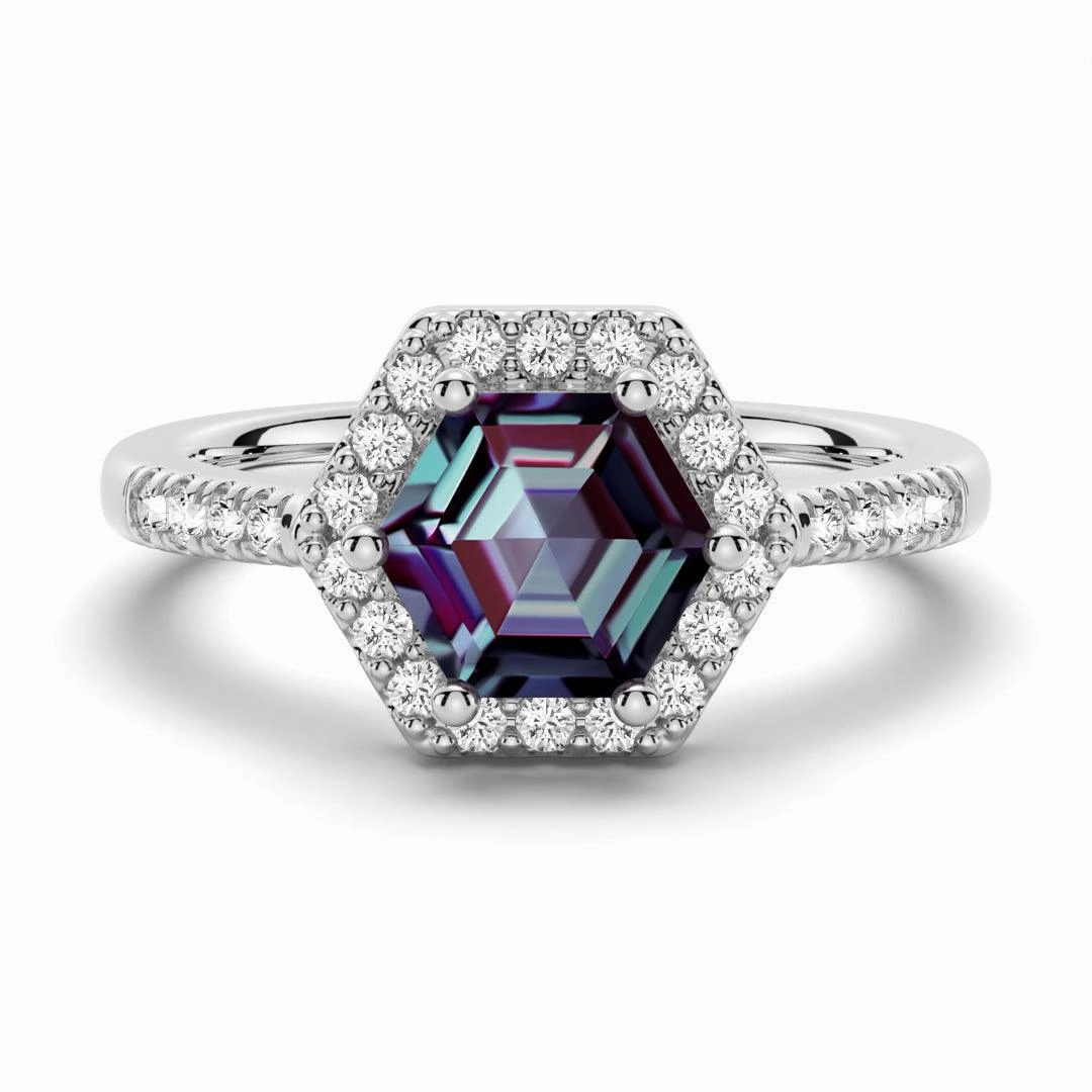 1.5 CT. Hexagon Cut Alexandrite Engagement Ring With Moissanite Halo Pav?? Golden Hour