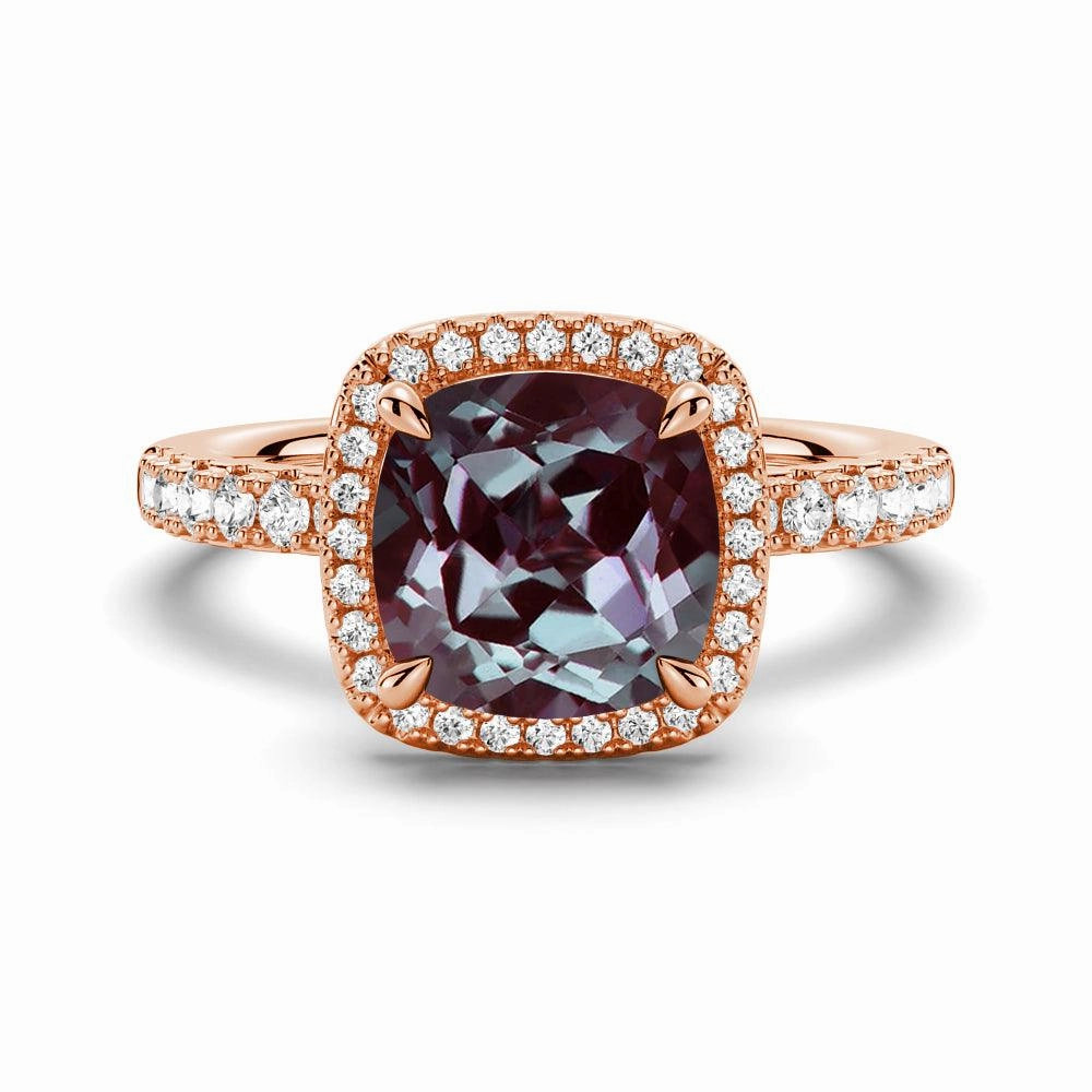 festival look Stylish Statement 2 CT. Cushion Cut Alexandrite Engagement Ring With Moissanite Halo Pav??