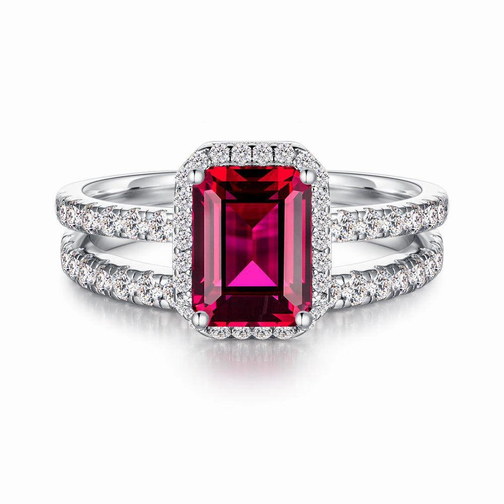 Sophisticated Jewelry Impressive Feature 2 CT. Emerald Cut Lab Grown Ruby Ring Set with Matching Wedding Band