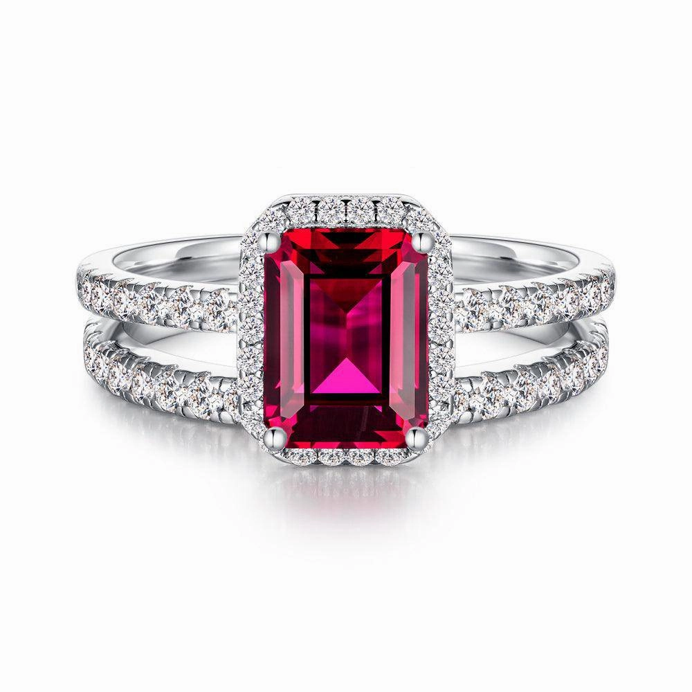 Neutral Spark 2 CT. Emerald Cut Lab Grown Ruby Ring Set with Matching Wedding Band