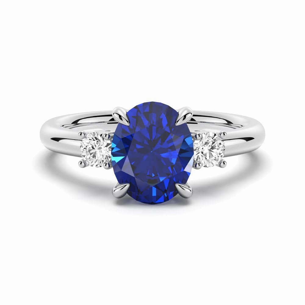 2 CT. Oval Blue Sapphire and White Sapphire Three Stone Ring Delicate Charm Textured Highlight