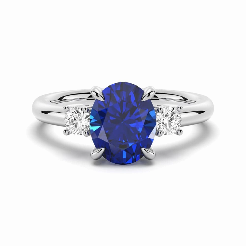 2 CT. Oval Blue Sapphire and White Sapphire Three Stone Ring Vivid Edge