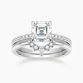 Luxury Accessory Radiant Embellishments 2CT 925 Sterling Silver Asscher Cut Crown Cubic Zirconia Ring Set
