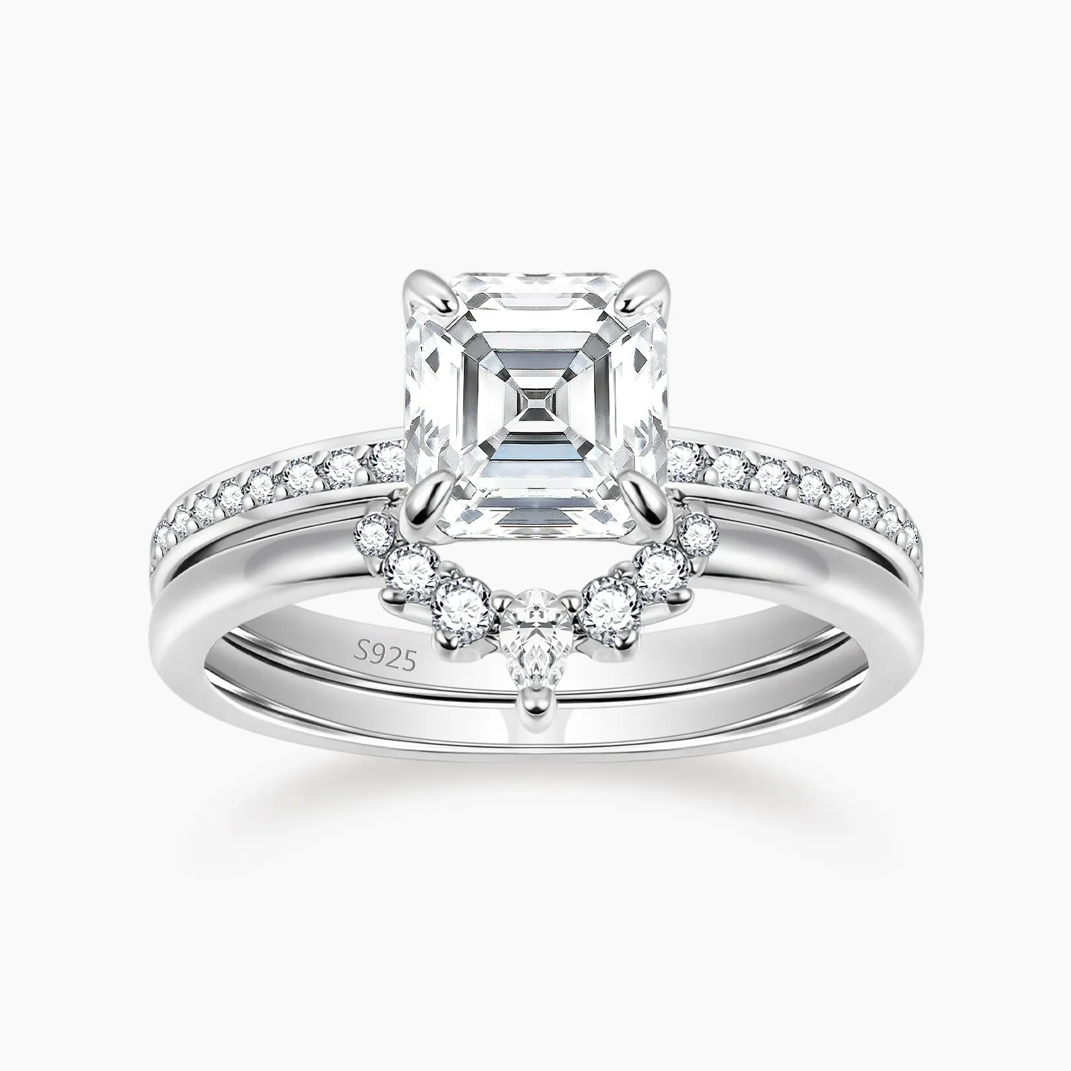 Fresh Light Layering Choice 2CT 925 Sterling Silver Asscher Cut Crown Cubic Zirconia Ring Set