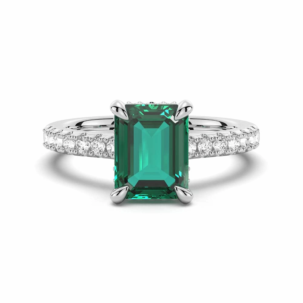 3 CT. Side Stone Lab Grown Emerald Engagement Ring With Hidden Halo Chic Duo
