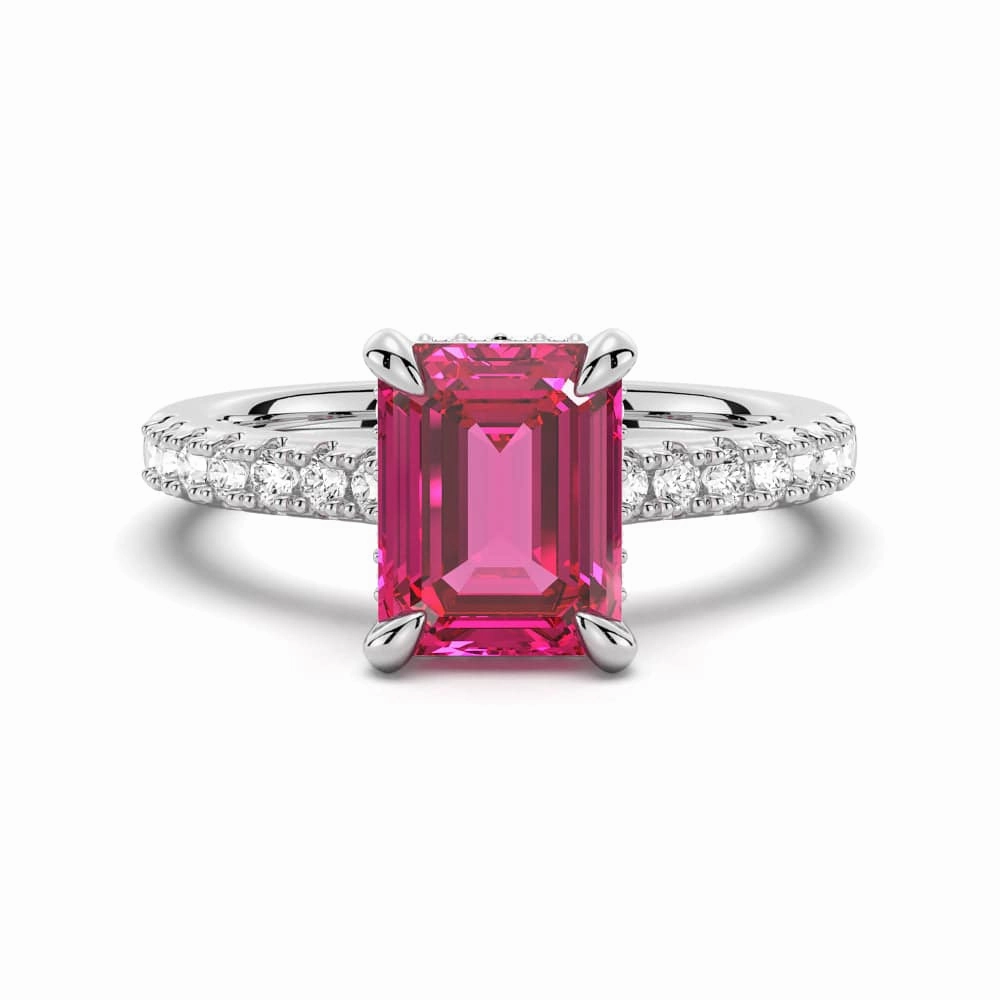 3 CT. Side Stone Lab Grown Ruby Engagement Ring With Hidden Halo Creative Design