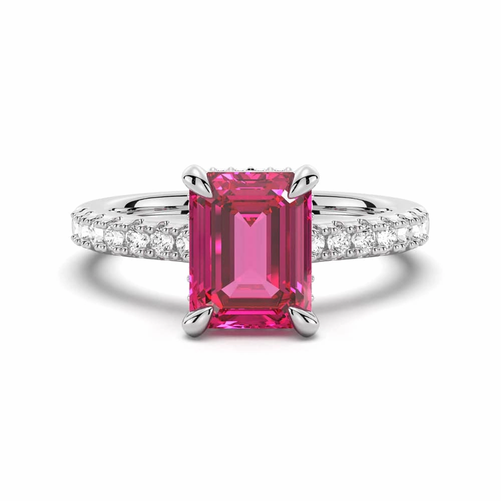 3 CT. Side Stone Lab Grown Ruby Engagement Ring With Hidden Halo Couture Accent Boho Mood