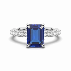 3 CT. Side Stone Lab Grown Sapphire Engagement Ring With Hidden Halo Refined Look Essential Pair