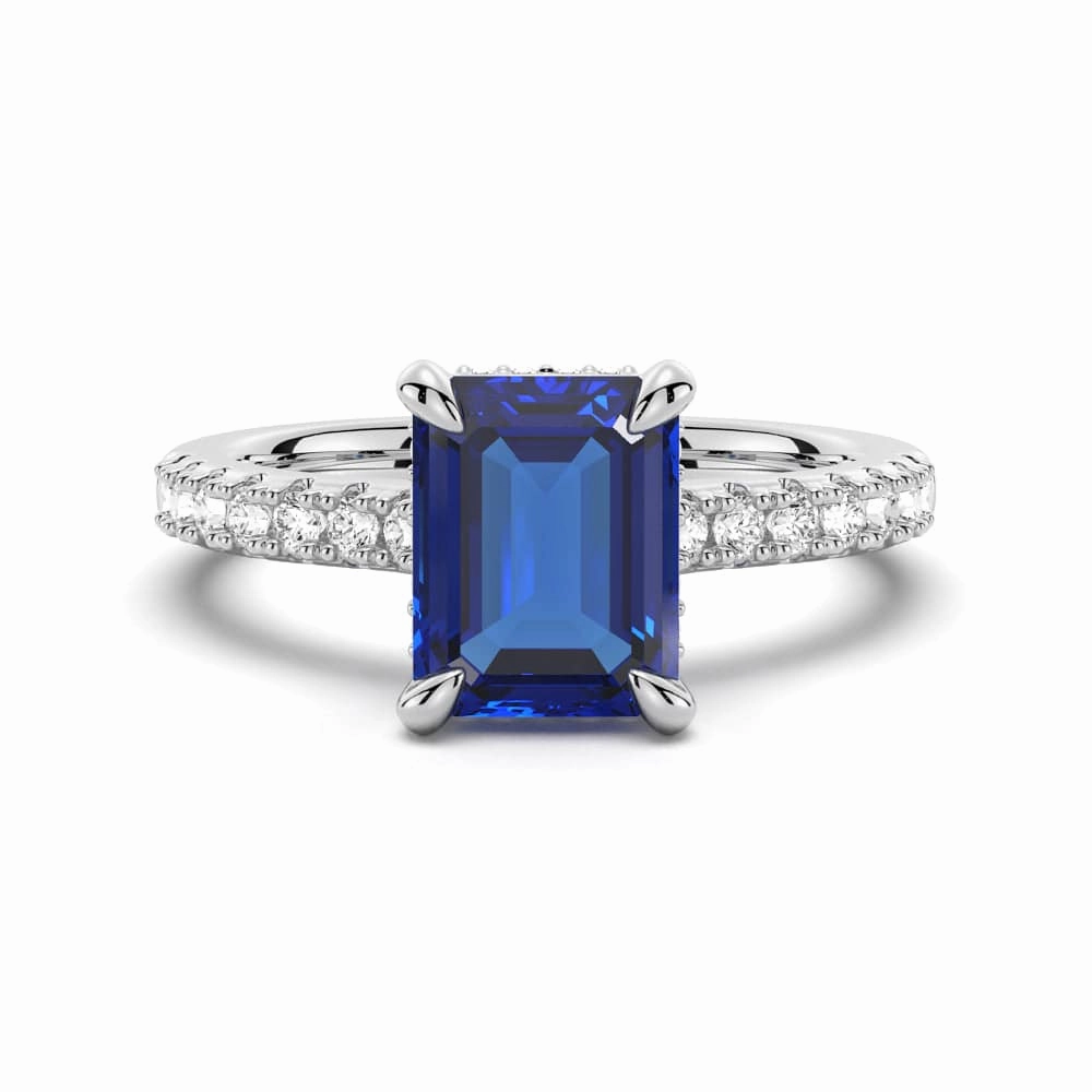 3 CT. Side Stone Lab Grown Sapphire Engagement Ring With Hidden Halo Simple Layer