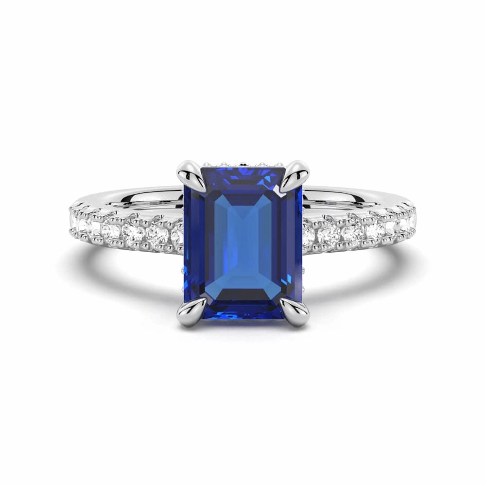 Highlight Moment High Fashion 3 CT. Side Stone Lab Grown Sapphire Engagement Ring With Hidden Halo